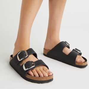 Birkenstock Arizona Big Buckle Double Strap Slide Sandals Black Leather 39